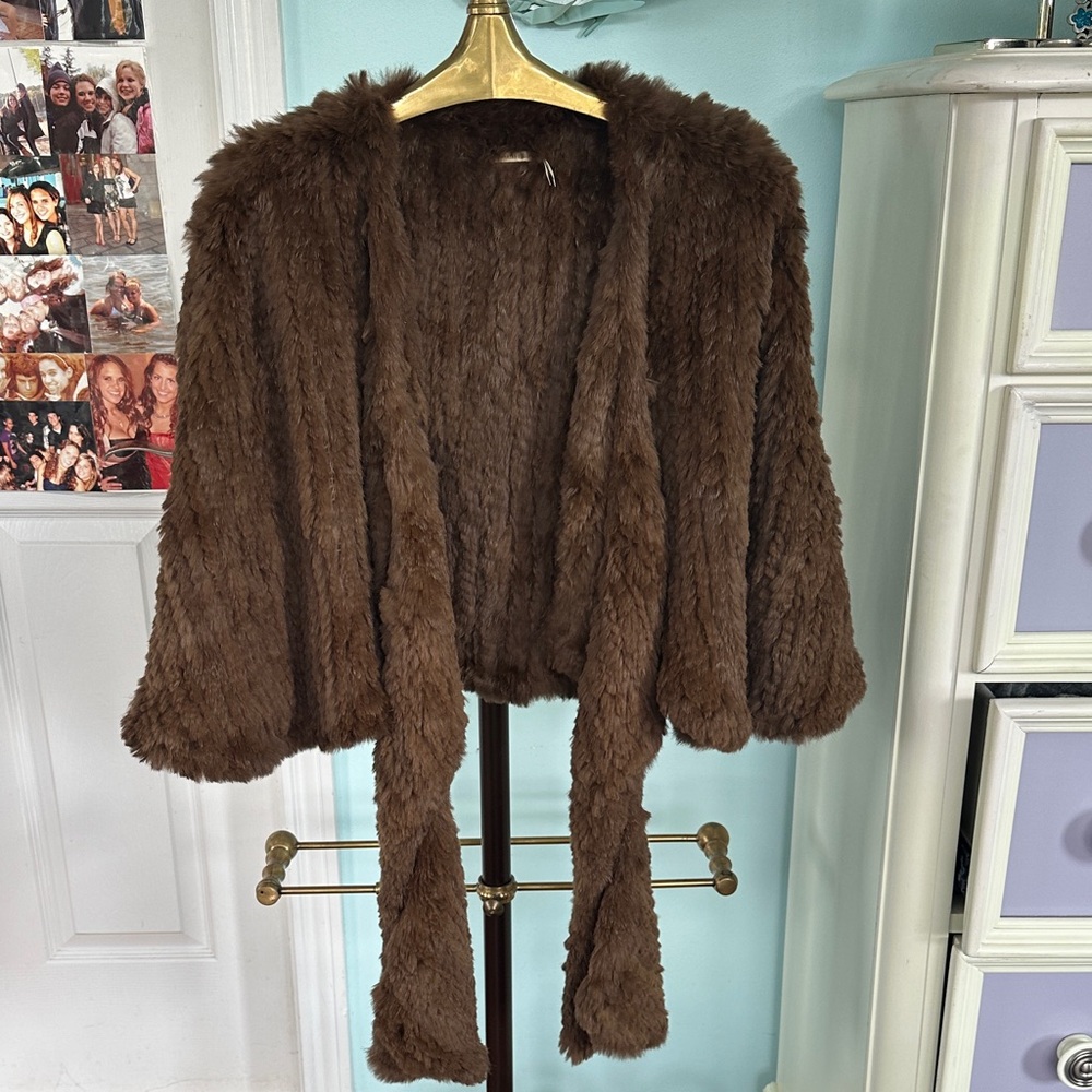 Max Studio Brown Knitted Rabbit Fur Cape with a Tie Closure. - Picture 2 of 7